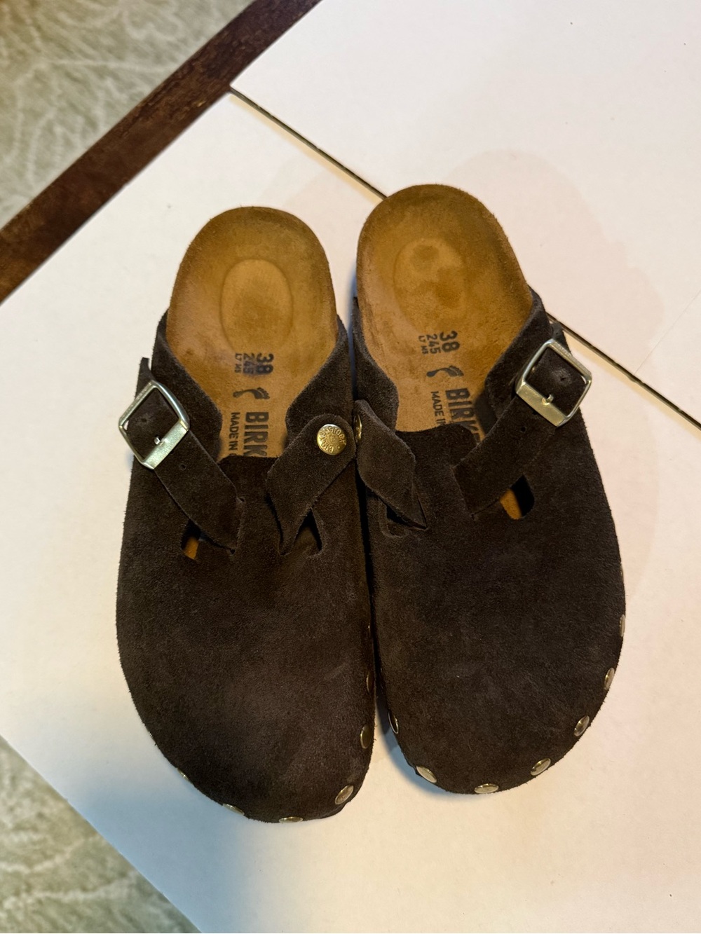 Birkenstock Brown Suede Clog Mules with Buckle